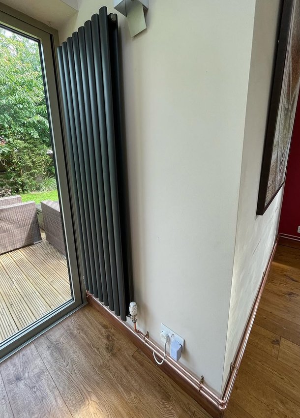 Tall anthracite radiator beside glazed patio doors